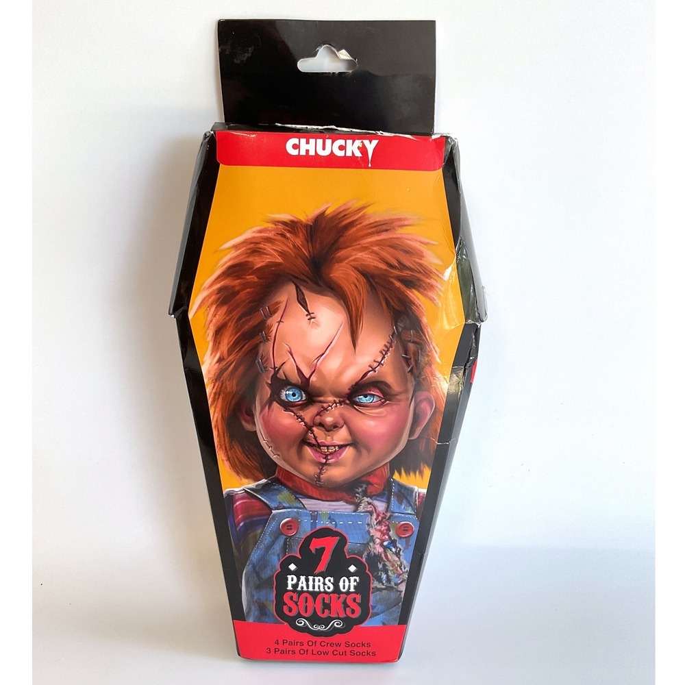 Chucky Child's Play 7 Pair Sock Set Coffin Box Crew Low Cut Mens Size 6-12 NEW